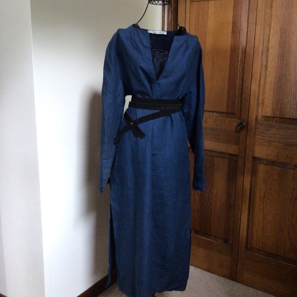 Denis Colomb hand woven linen caftan, Petrol Blue, Size Medium